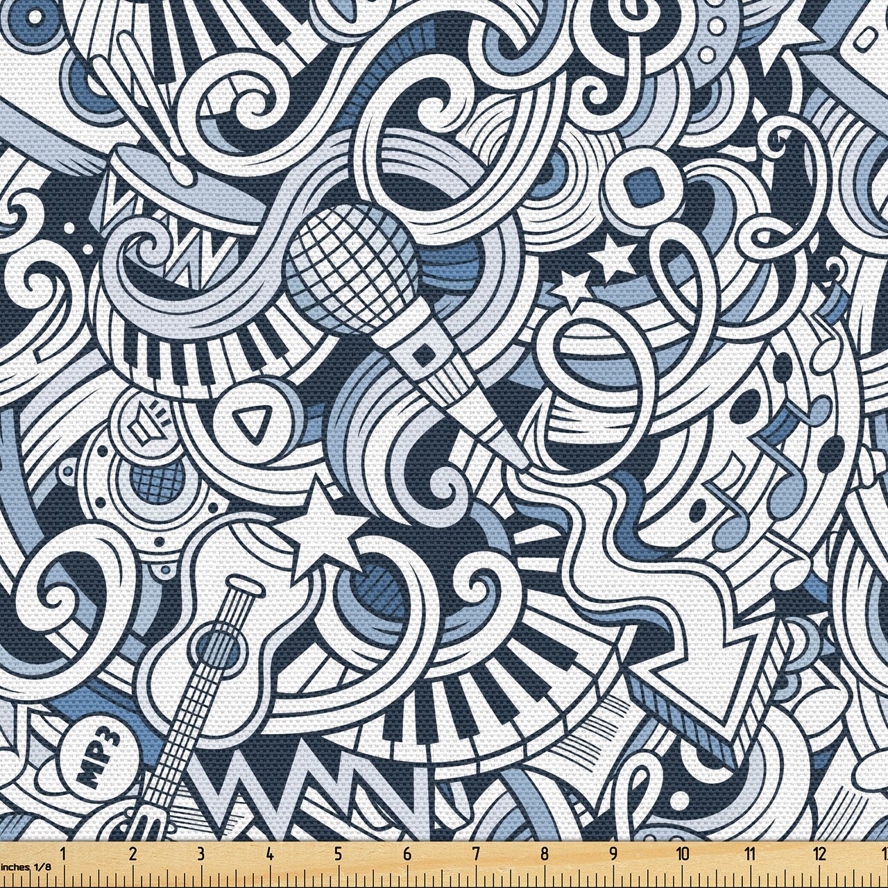 Ambesonne Popstar Party Fabric by The Yard, Cartoon Style Hand Drawn Doodles Music Theme Line Art Print, Decorative Fabric for Upholstery and Home Accents, 3 Yards, Blue White